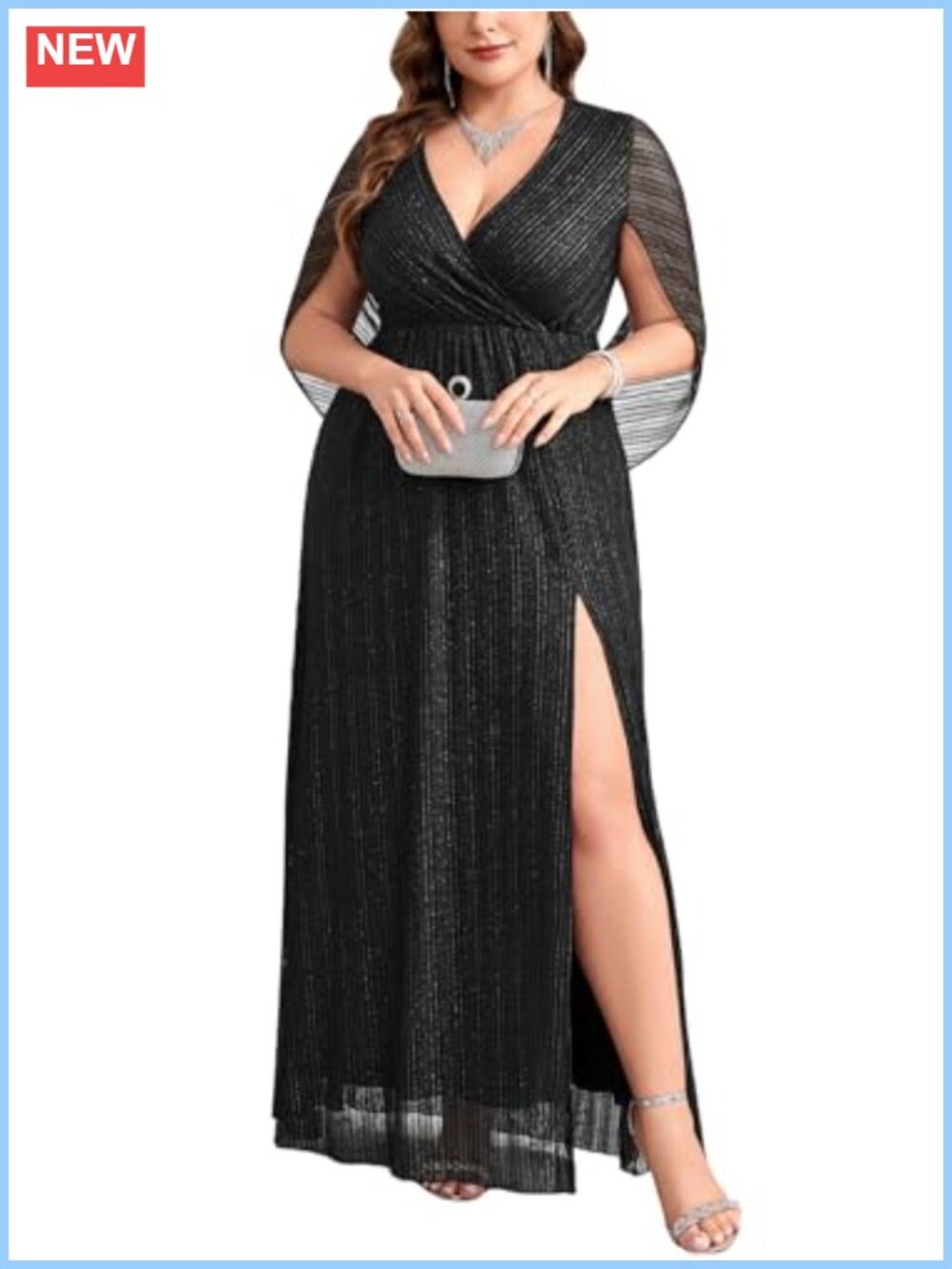 Plus Size Sparkly Formal Evening Gown Cape Sleeve V Neck A Line Maxi Dress